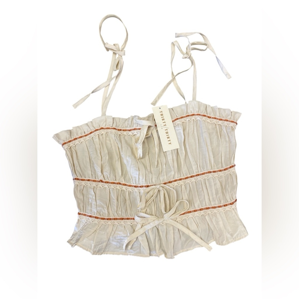 Thirteen Thirty Cream Ruffle Tie-Front Crop Top